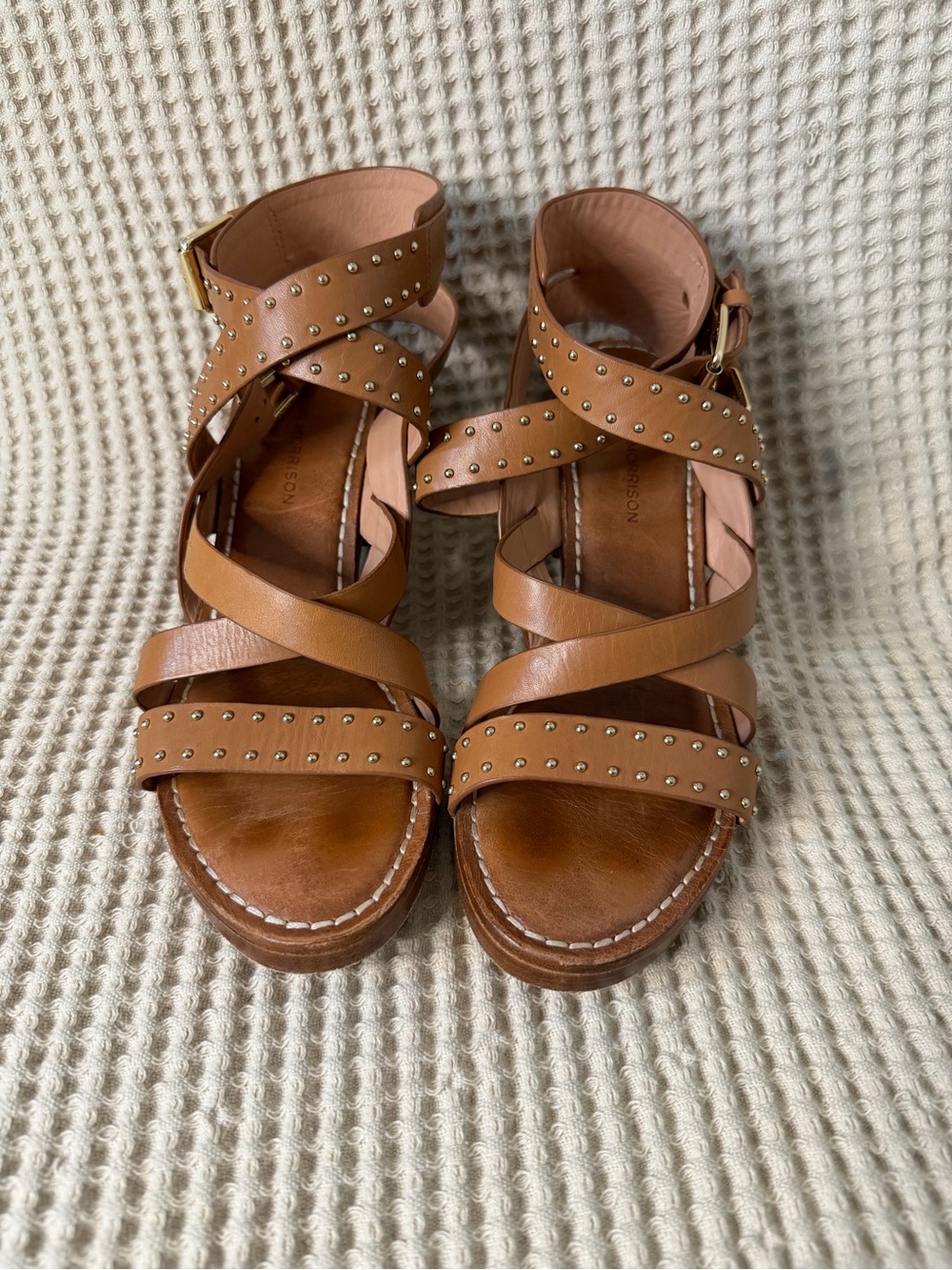 Sigerson Morrison Studded Leather Block Heel Sandals Tan Size 9B Designer Shoes - Picture 2 of 11